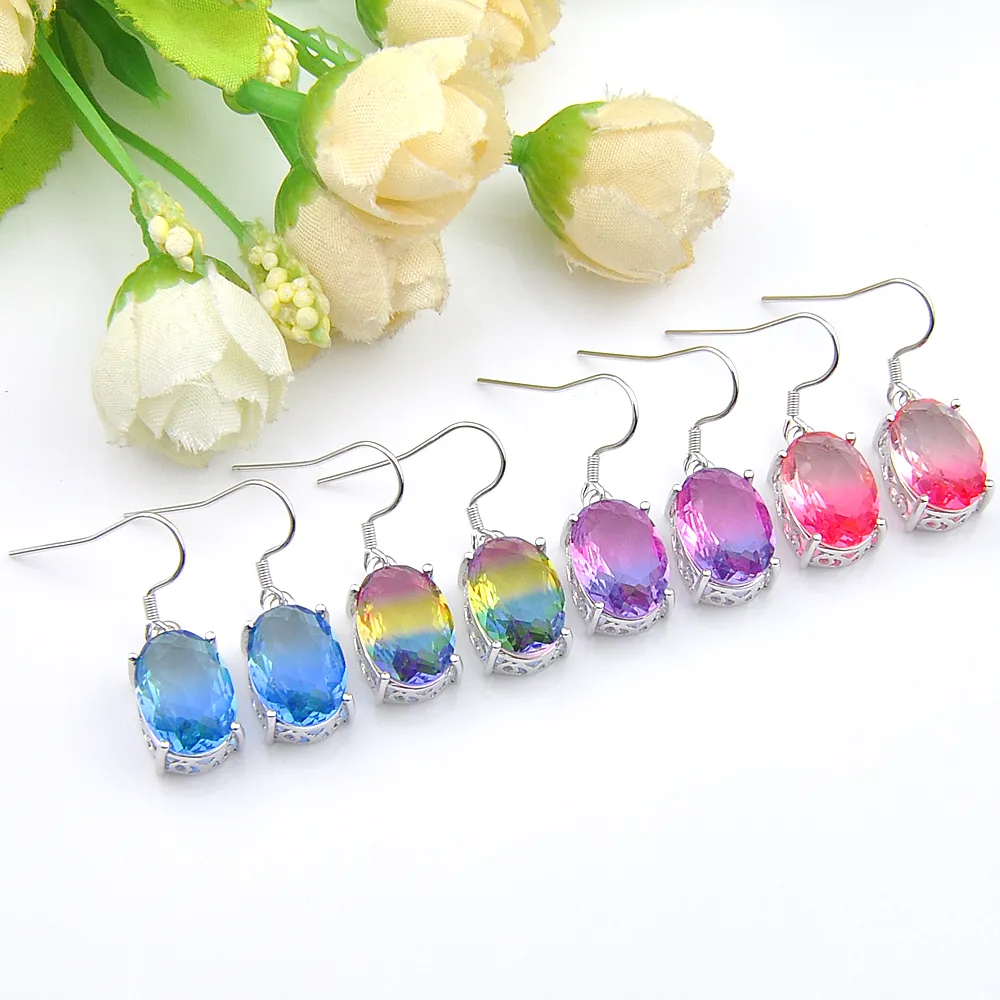 Luckyshine Mix Color 4 pezzi / lotto Argento sterling 925 piccolo e squisito Arcobaleno BI-COLORE Tormalina Gemma Argento Orecchini pendenti Gioielli