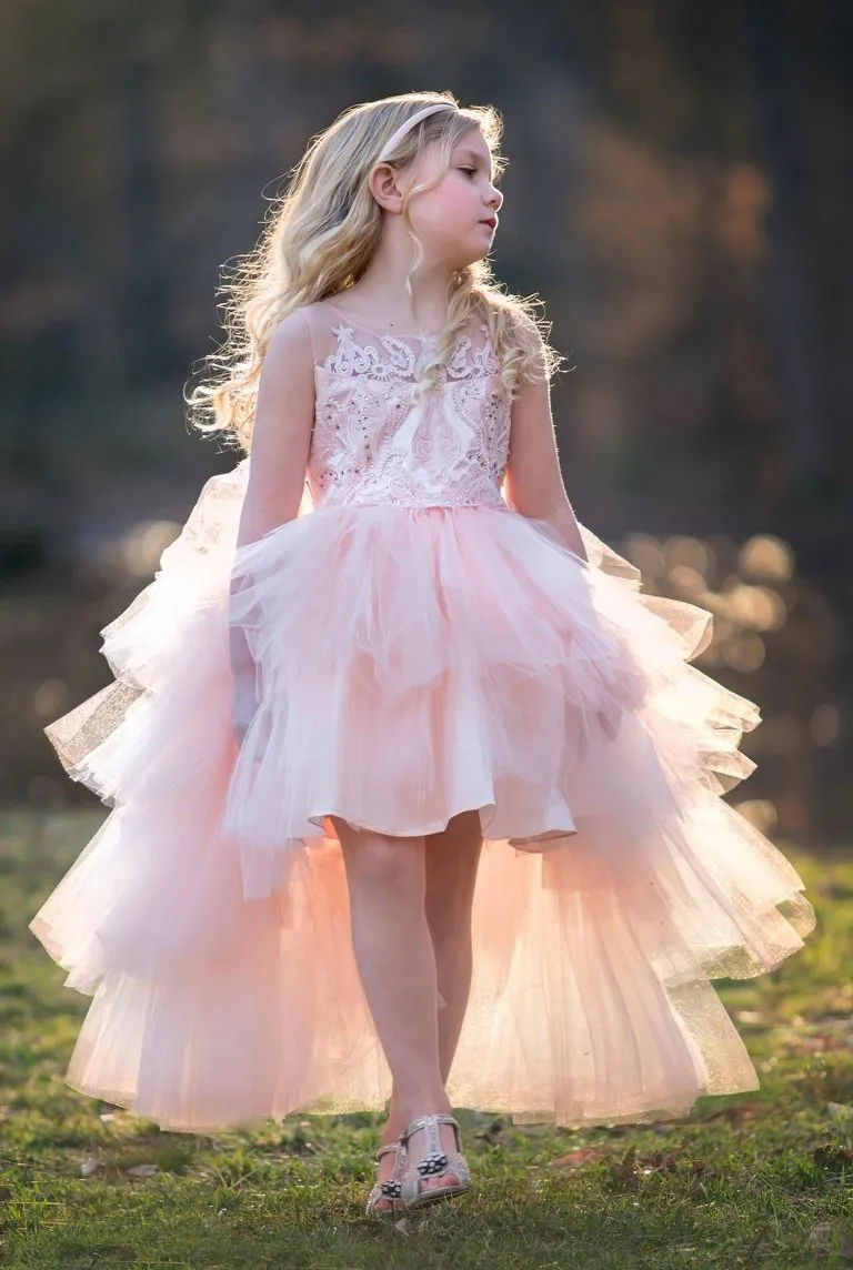 결혼식을 위해 유행 높은 낮은 페르시 아가씨 드레스 복장 유치원 미식가 드레스 Tulle Tiered Kids Prom Dress