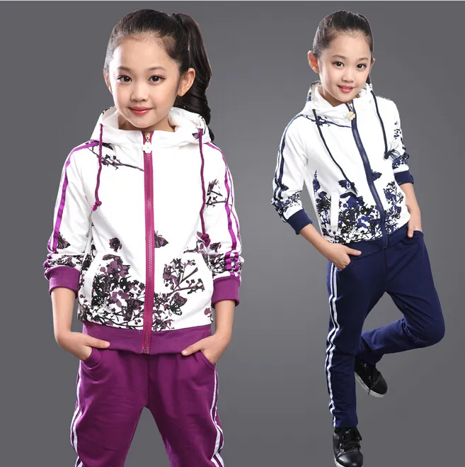 Kinderen meisjes trainingspakken herfst winter kinderen meisjes sportkleding pakken leeftijd 4-14 tiener floral hoodies + broek kleding sets