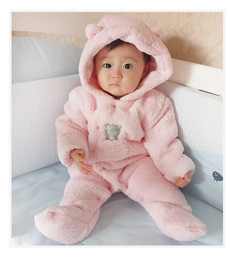 Newborn Baby Jumpsuit Hooded Fleece Rompers Long Sleeve Onesies Outwear Outfits, Pink, (3-6)month