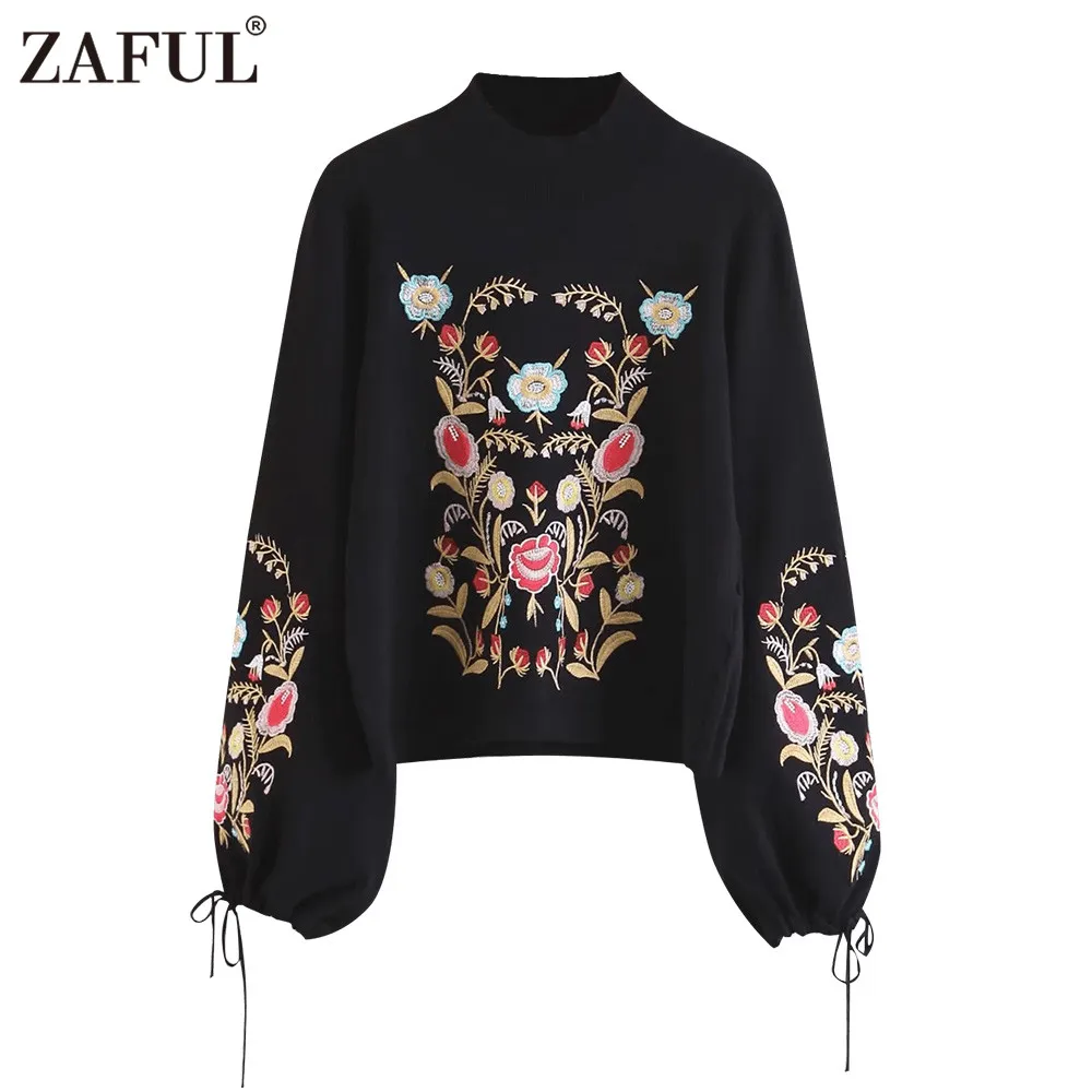 Zaful outono inverno turtleneck mulheres floral bordado malha camisola lanterna manga black knitwear pullores pull femme