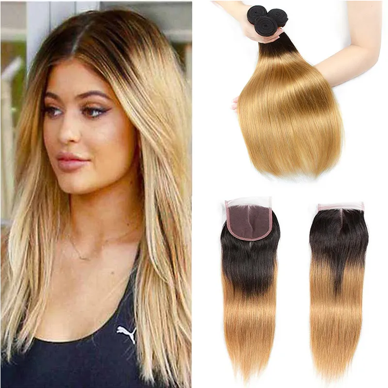 Дешевый перуанский Ombre волос девственница соткет с закрытием 1b 27 Straight Blonde Lace Closure с узелками Ombre двухцветных выдвижениями человеческих волос