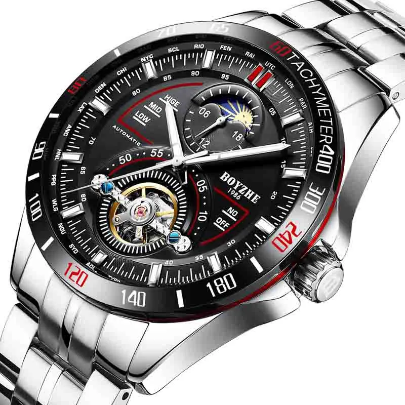 Boyzhe wengle nieuwe mechanische horloges automatische mannen holle waterdichte stalen riem lichtgevende tourbillon perspectief raam automatisch horloge