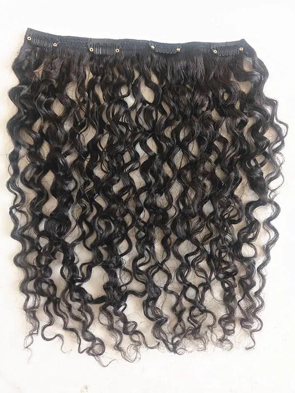 Ny Ankomst Clip In Brasilian Human Virgin Remy Naturlig Svart Hår Curly Hair Weft Soft Double Drawn Hair Extensions