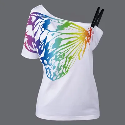 Sommer T Neue Mode Frauen Schmetterling Drucke T-shirt Kurzarm Liebsten Mädchen Weg Von Schulter T-shirt Vestidos