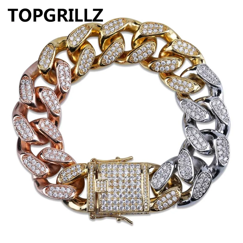 Bracelet tricolore en Zircon cubique glacé pour hommes, nouveau Style, or, argent, Rose, or, chaîne à maillons cubains, bijoux Hip Hop, cadeaux