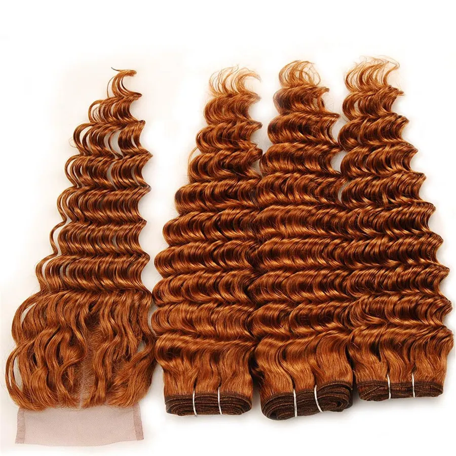 Cheveux humains vierges péruviens tisse des faisceaux de cheveux bouclés de vague profonde avec fermeture en dentelle 30 tissages de cheveux vierges Auburn avec 4X4 Top Closur1389005