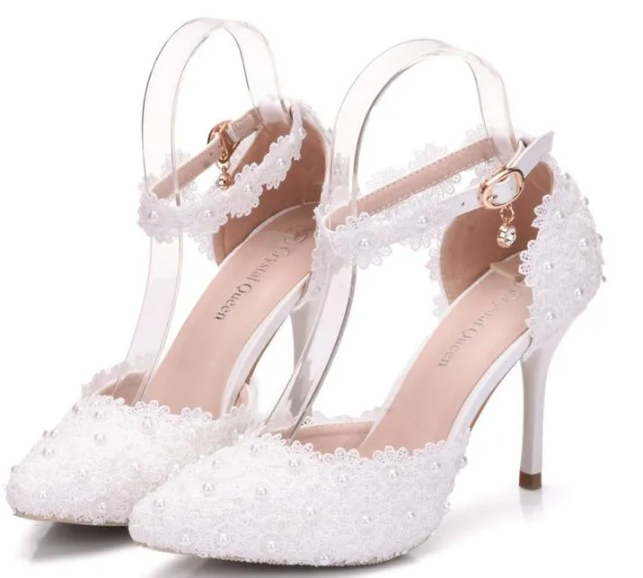 Elegant Lace Pearls Wedding Bridal Shoes For Bride Flowers Designer Sandals 9CM High Heels Pointed Toe White Pink Free Shipping High Quality