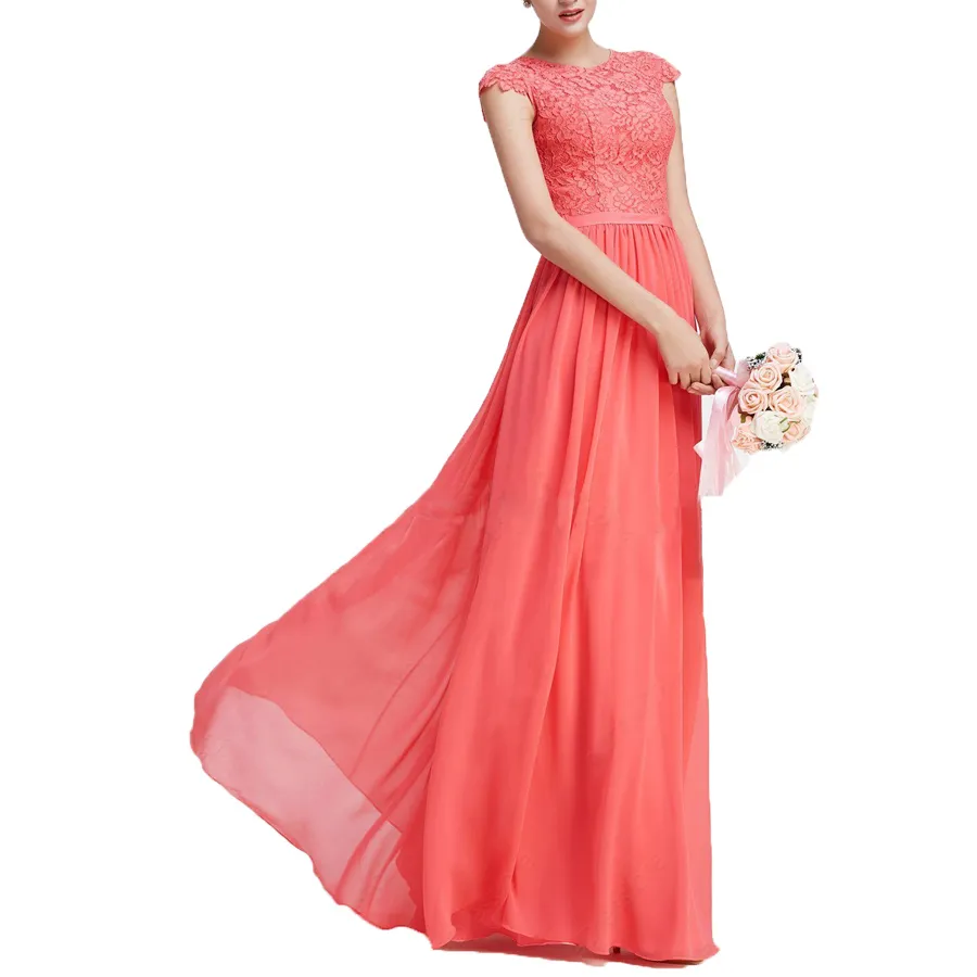 Fashion Simple Lace Coral Evening Dresses Cheap Chiffon Cap Sleeves Long Prom Dresses 2020 Women Party Gowns Online Formal Gown