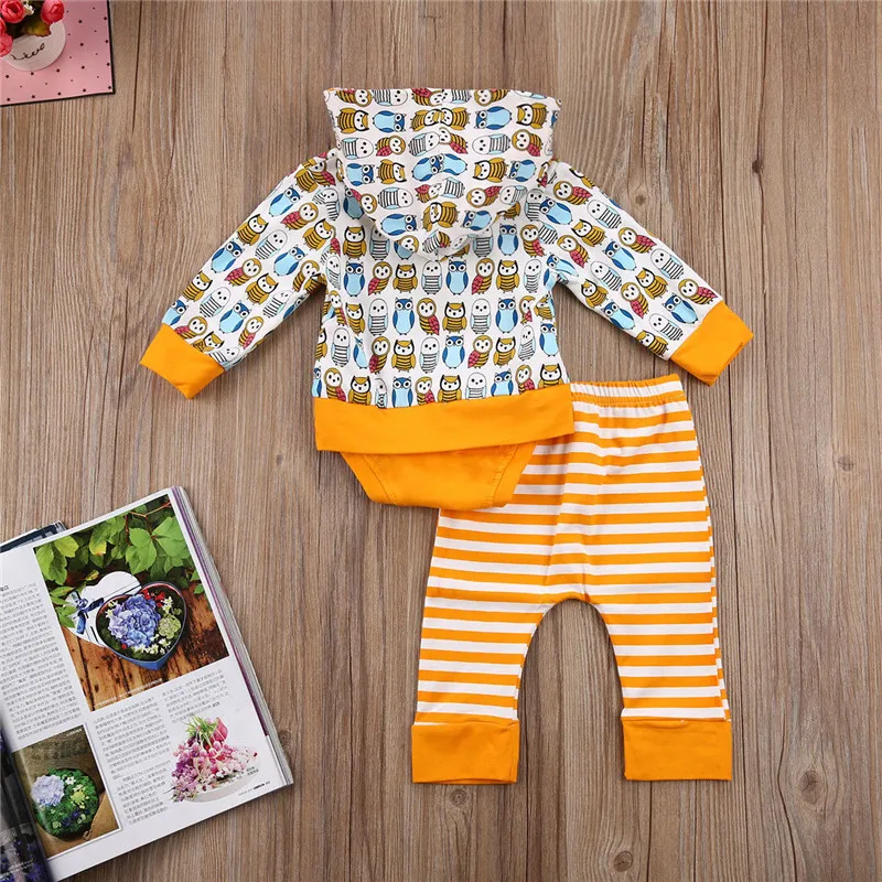 Set di vestiti appena nati 2018 Primavera Autunno Toddler Infant Neonati maschi Abbigliamento ragazze Tuta con cappuccio Pagliaccetto Pantaloni Gufo Uccello Abiti stampati Set