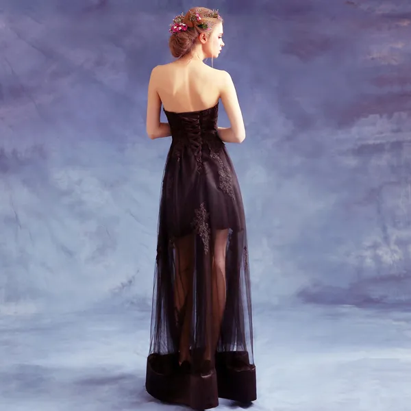 Sexig svart aftonklänning älskling ärmlös spets-up back pleats tulle med applique sexig svart prom klänning fest klänningar billigt