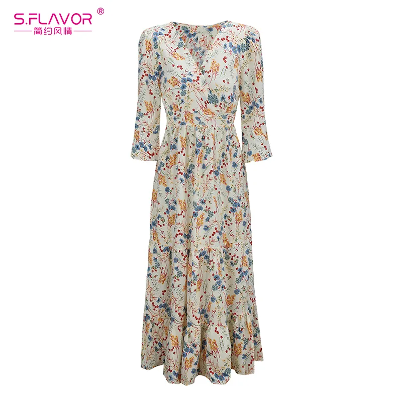 X S.Flavor Autumn Women Dress Flare Wrist Sleeve Multicolor Floral Print V Neck Long Dress Vacation Bohemian Beach Kvinna Vestido