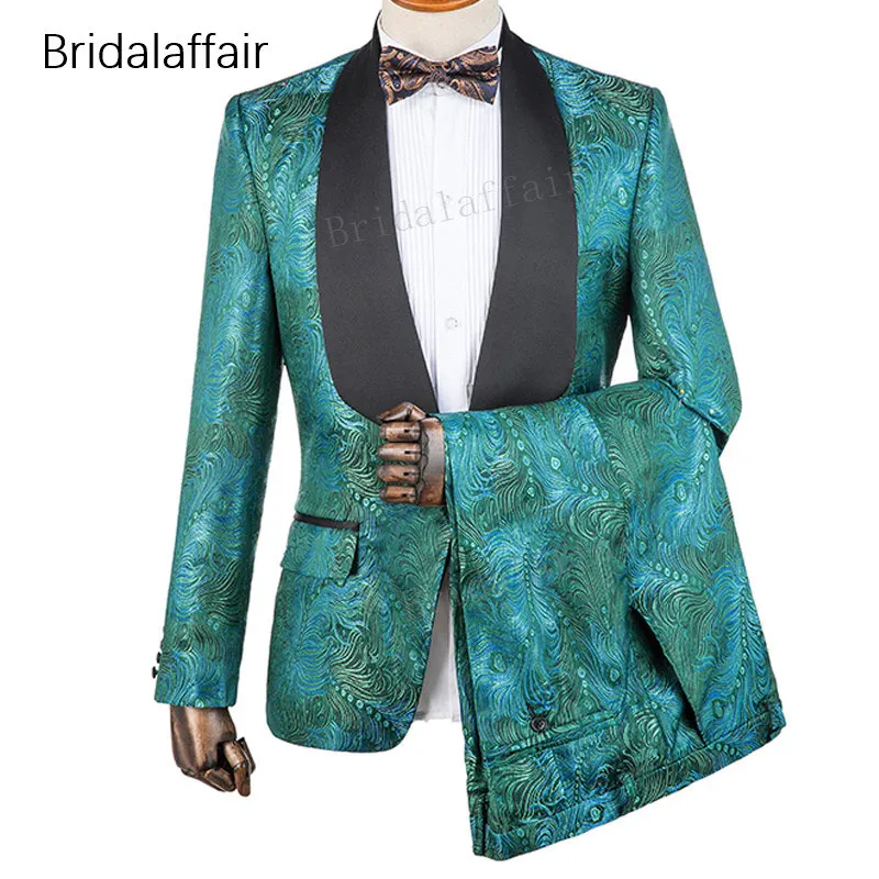Gwenhwyfar skräddarsydd brudgum Tuxedo mode grön blommig tryckta smala passform män kostym set för bröllop prom mens kostymer 2st (jacka + byxor)