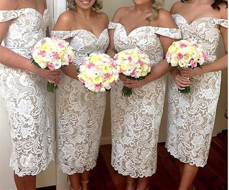 Designer goedkope nieuwe volle kanten thee lengte schede bruidsmeisje jurken off schouder bruiloft feestmeidmeid uit honor jurken formele jurken
