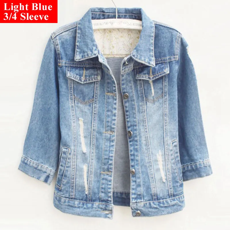 Cropped denim jacket sales 3 4 sleeve