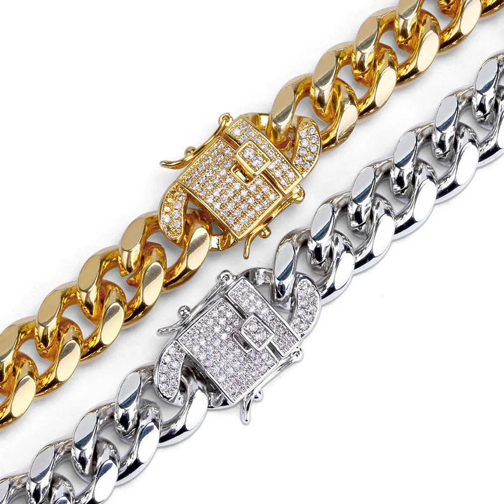 Bracelet à maillons Miami Cuba en acier inoxydable 316L plaqué or véritable 18 carats avec micro-clous en diamant pour hommes, chaînes glacées hautement polies