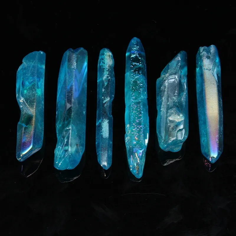 Holiday gift Natural aura Rough sky Blue Crystal Quartz healing wand Point Briolettes PendantDrilled Tusk Shape Raw Gemston1186248