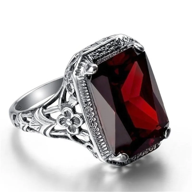 Fashion Retro Gothic Ruby 925 Sterling Silver Plated Ring Personalized Punk Unisex Couple Rings Jewelry Size 6-10
