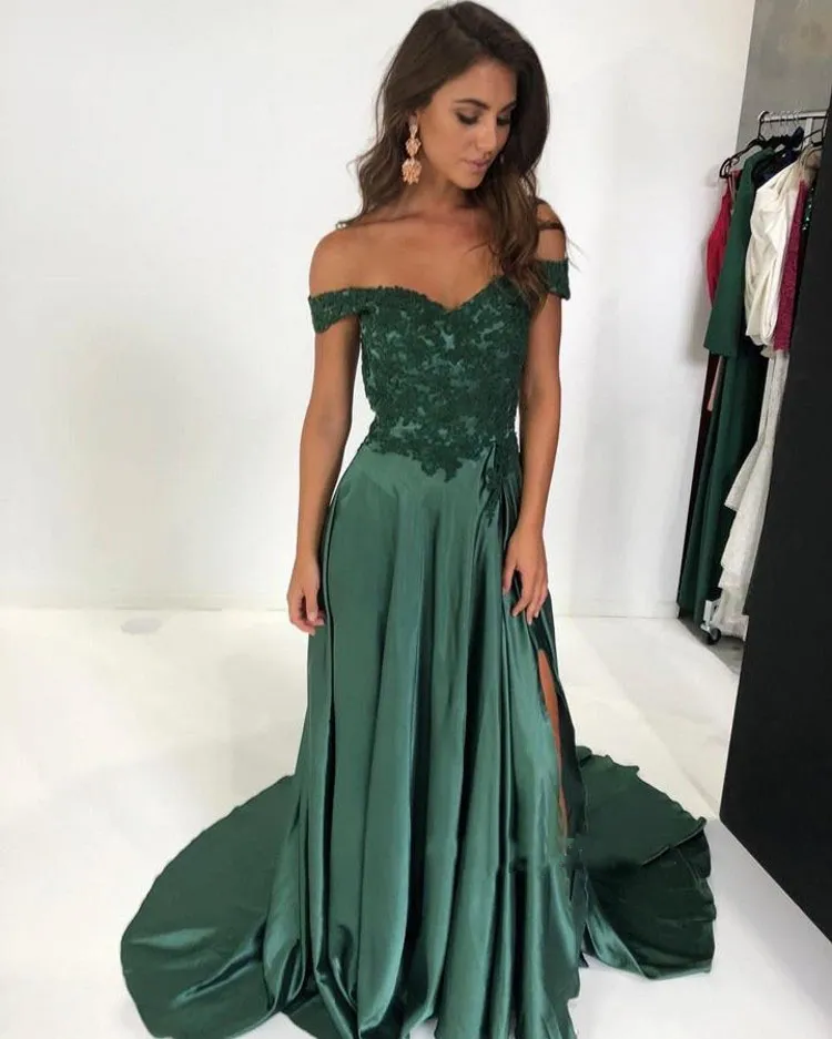 Off The Shoulder Long Prom Dresses Appliques Lace Satin Split Side Aline Floor Length Backless Evening Dresses Dark Green Party Gowns