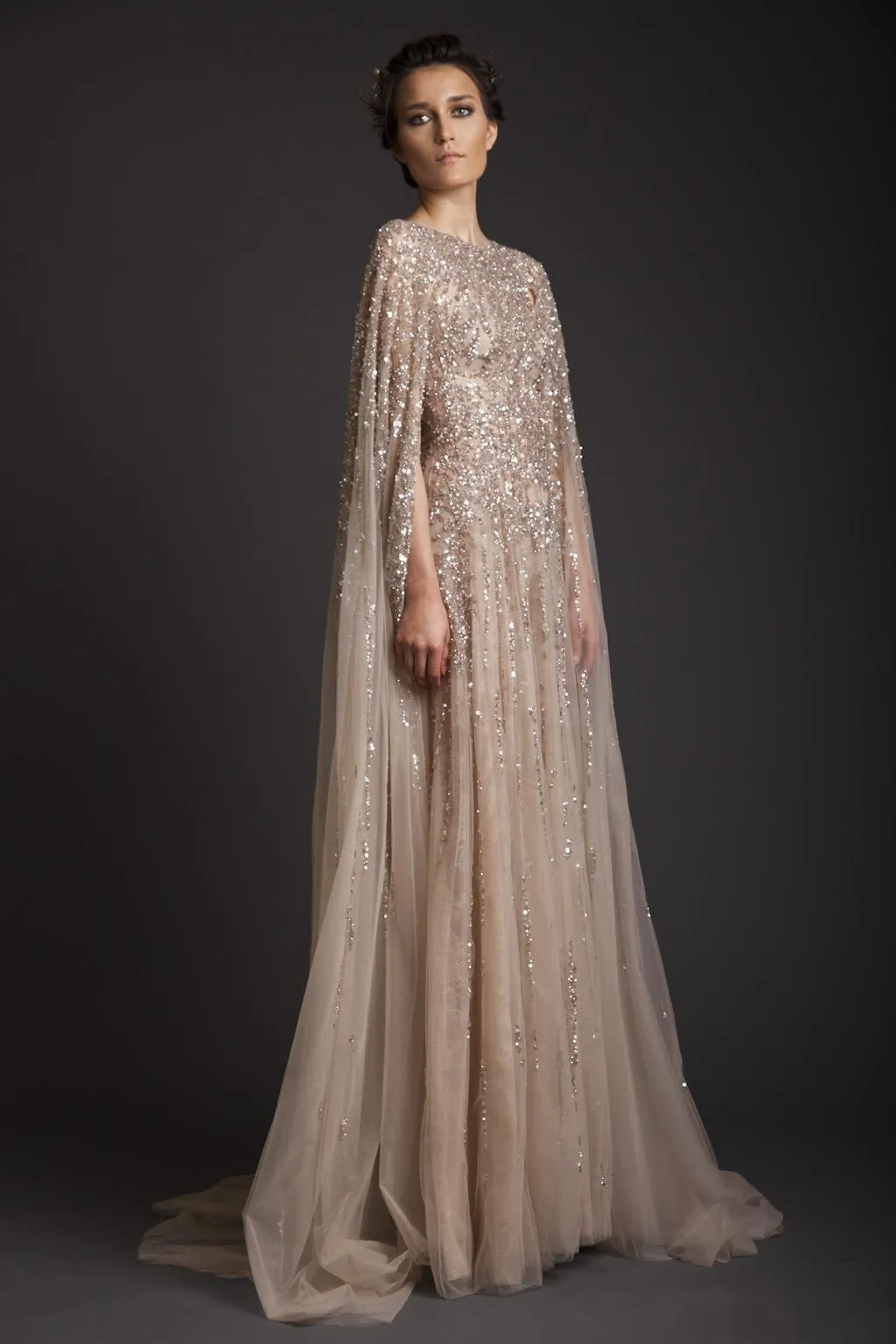 Vestidos de casamento linha a tripulação champanhe transparente tule vestidos de noiva apliques contas watteau vestidos krikor jabotian vestidos hy41702343