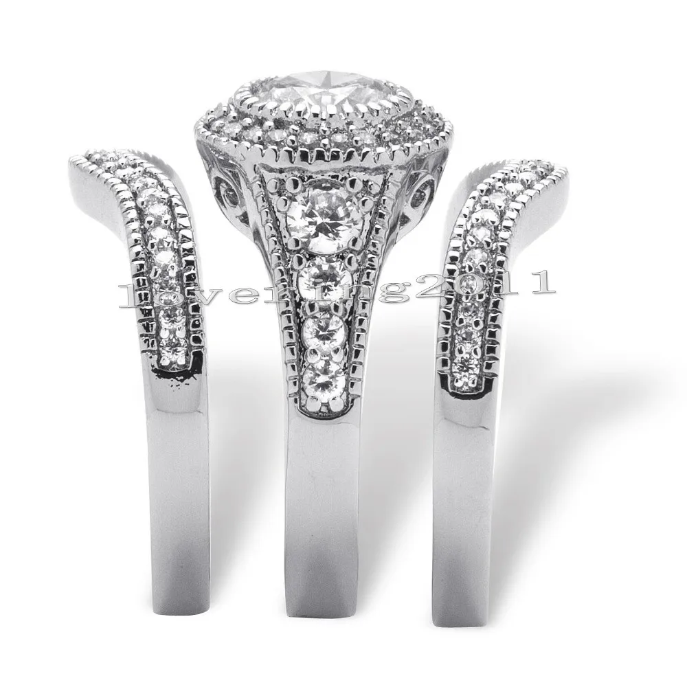 Choucong Jóias Antigas 6mm Pedra Diamante 10KT White Gold Filled 3 Anel de Banda De Casamento Noivado Set Sz 5-11