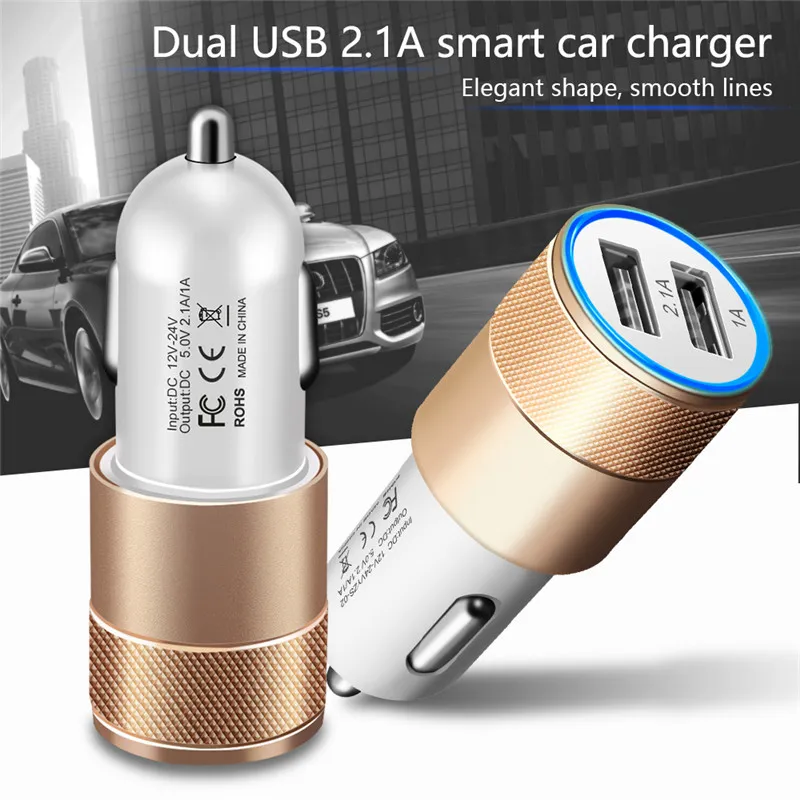 168 Hot Aluminum Alloy 2 USB Ports Universal Intelligent Charging Strong Compatible DC12-24V 2.1A Dual USB Car Charger for All Mobile Phone