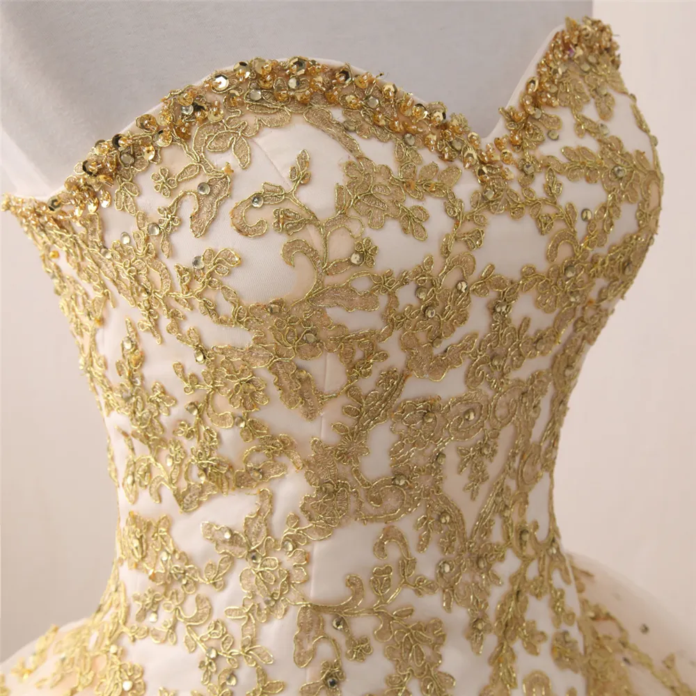 2018 새로운 도착 진짜 사진 섹시한 골드 아플리케 크리스탈 볼 가운 Quinceanera 드레스와 스팽글 달콤한 16 드레스 Vestido Debutante Gowns BQ124