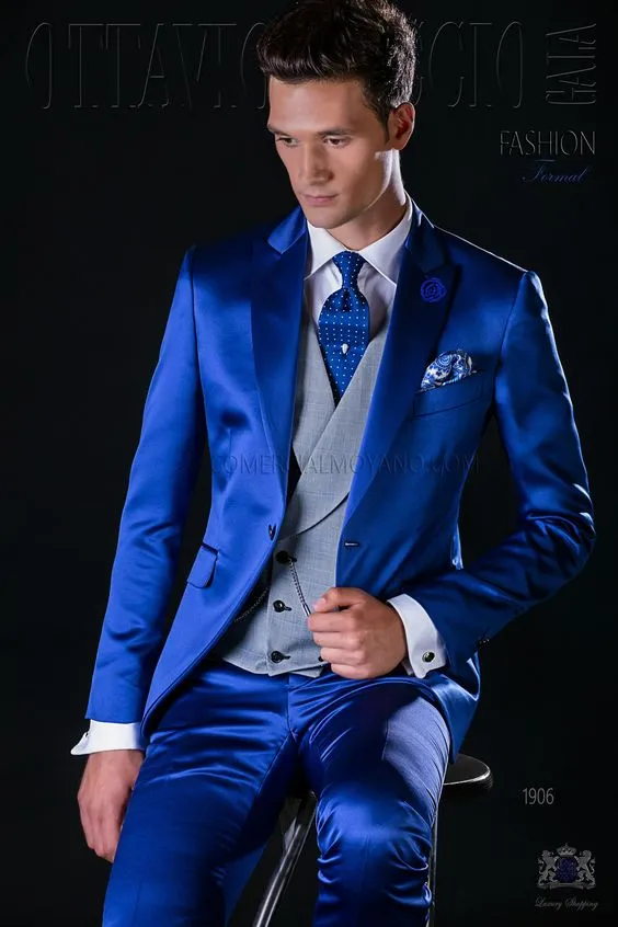 Popular Design Groom Tuxedos One Button Shiny Royal Blue Peak Lapel Groomsmen Best Man Suit Wedding Mens Suits (Jacket+Pants+Vest+Tie) J460