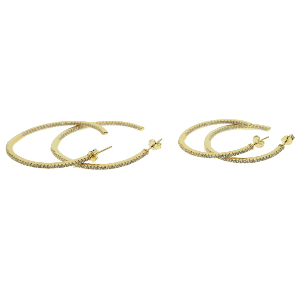 37mm 45mm Cz tunn hoop örhänge för kvinnor och tjejgåva Big liten båge set Pave Clear Sparking Cubic Zirconia Elegance Gold Hoop EA275J