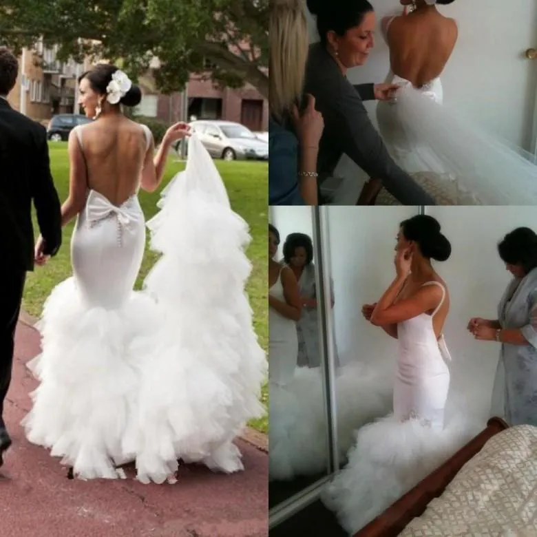 Sexy Backless Mermaid Wedding Dresses Big Bow On Back Tulle Tiered Long Train Beach Bridal Gowns Custom Made Simple Wedding Vestidos