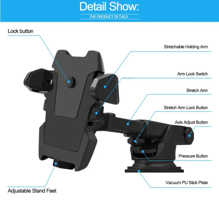 Supporto telefono auto Supporto GPS universale appiccicoso Aspirazione 360 Ruota Staffa regolabile da 3,5-6 pollici iPhone Samsung Supporti titolari ATP030