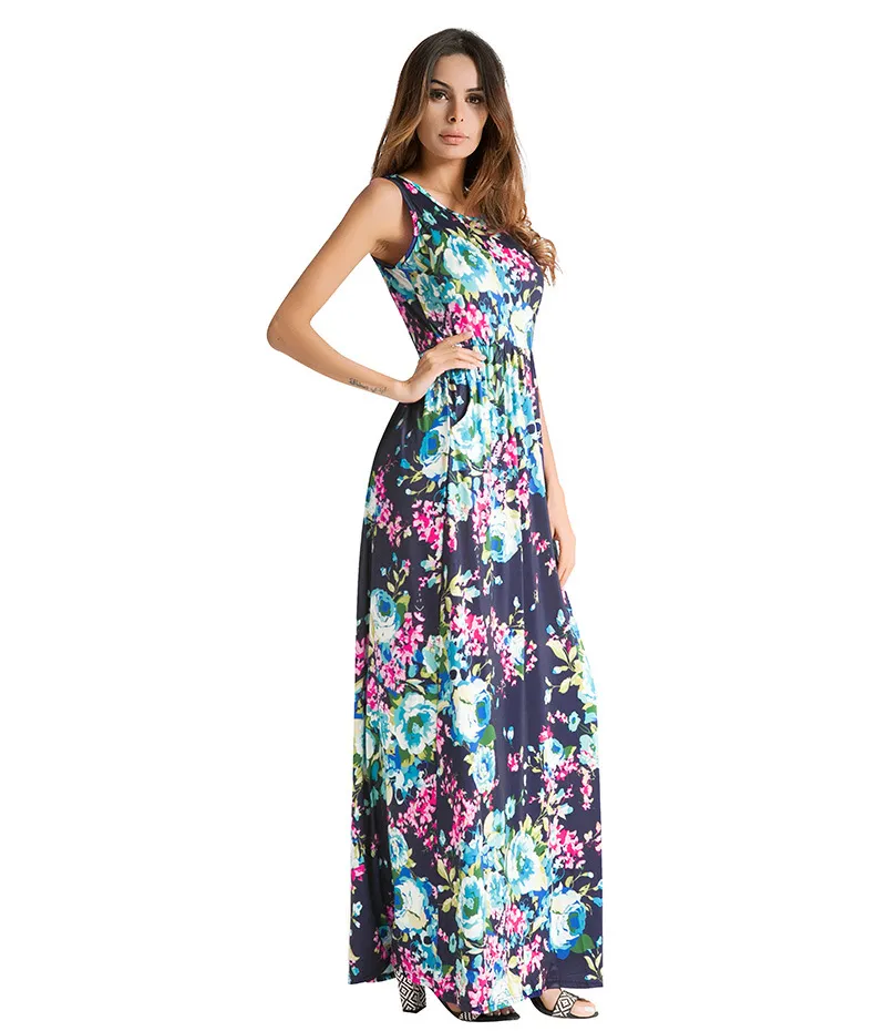 2018New chegou de Verão das Mulheres de Impressão Vestido O-pescoço Flores Imprimir vestido de verão Casual Maxi Longo Sexy vestido Tamanho S M L XL 2XL