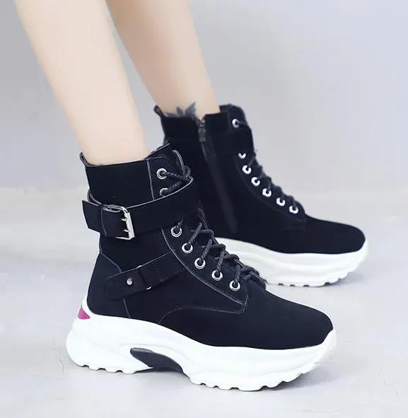 Women Vintage Nubuck Leather Ankle Boots Ladies Hidden Wedges