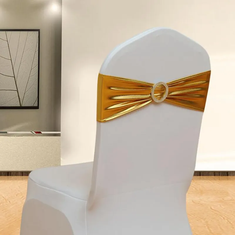 Metallic Gold Silver Spandex Lycra Chair Sashes Bands Chair Cover Sash Wedding Party Chair Decor Gratis frakt