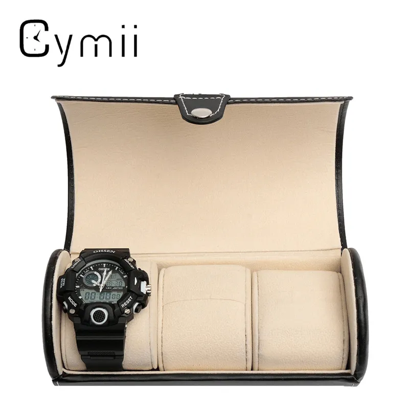 Black 3 Slot Cylindrical Watch Travel Case Leather Roll Jewelry Watch Storage Holder Watchbox Case Collector Organizer 19x9cm