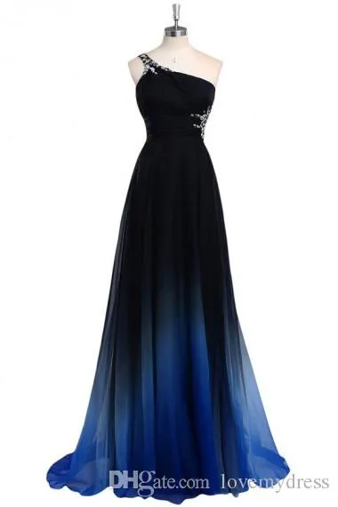 2022 Ombre examen färg kväll klänning ett axel imperium midja chiffon svart kunglig blå designer lång billigt prom formellt speciellt tillfälle