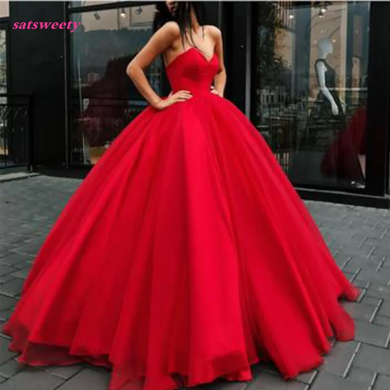 Red Ball Gown Prom Dress Vestido longo vermelho Strapless Satin Organza Big Fashion Red Evening Dress