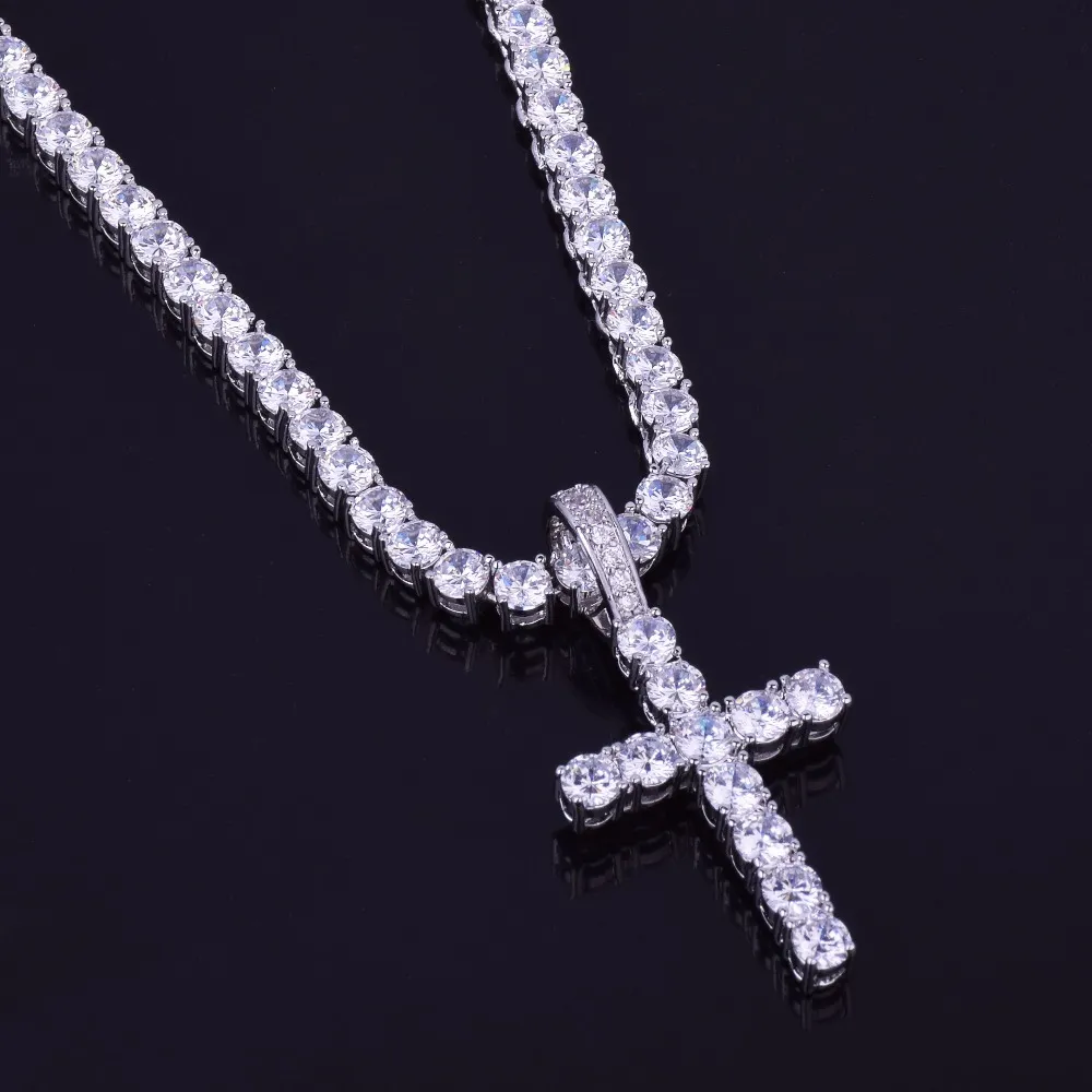 Iced Out Zircon Cross Pendant With 4mm Tennis Chain Necklace Set Men`s Hip hop Jewelry Gold Silver CZ Pendant Necklace