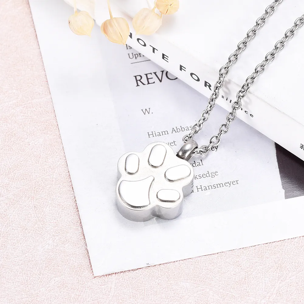 IJD9292 Paw Shape Stainless Steel Cremation Pendant Necklace Pet Memory Funeral Ashes Keepsake Urn Necklace Jewelry