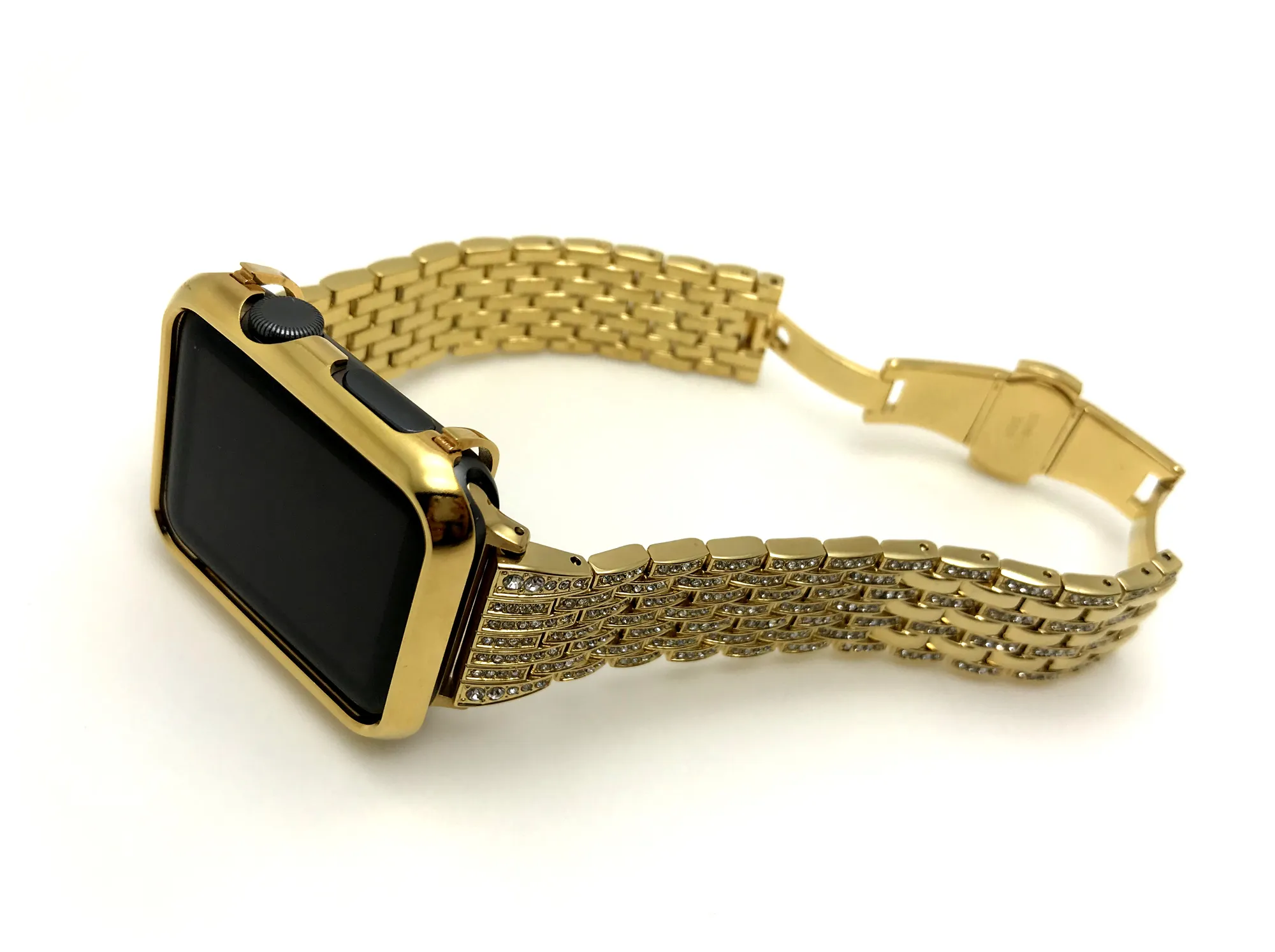 24K Guldpläterad Apple Watch Bezel Cover Case + Guld Diamanter Rostfritt Stål Klockband för Apple Watch S1 / S2 / S3 42mm (2in1 set)
