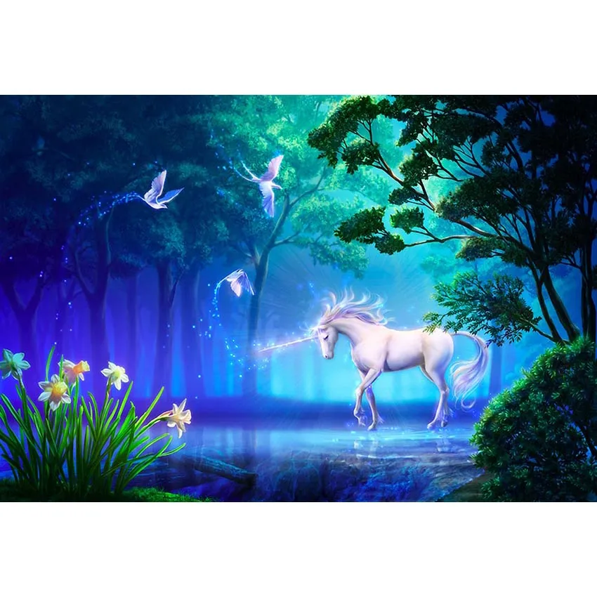 Enchanted Orman Ağaçları Beyaz Unicorn Parti Arka Plan Genie Güvercinler Çiçekler Yeşil Bitkiler Bebek Çocuklar Masal Fotoğraf Arka Planında