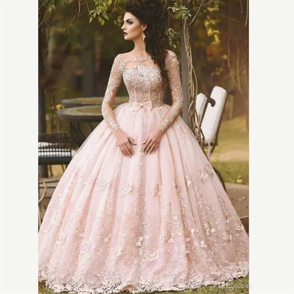 Prachtige roze mooie baljurk prom dresses pure lange mouwen puffy organza vloer lengte formele Arabische avondjurk 3d bloemen kant Dubai