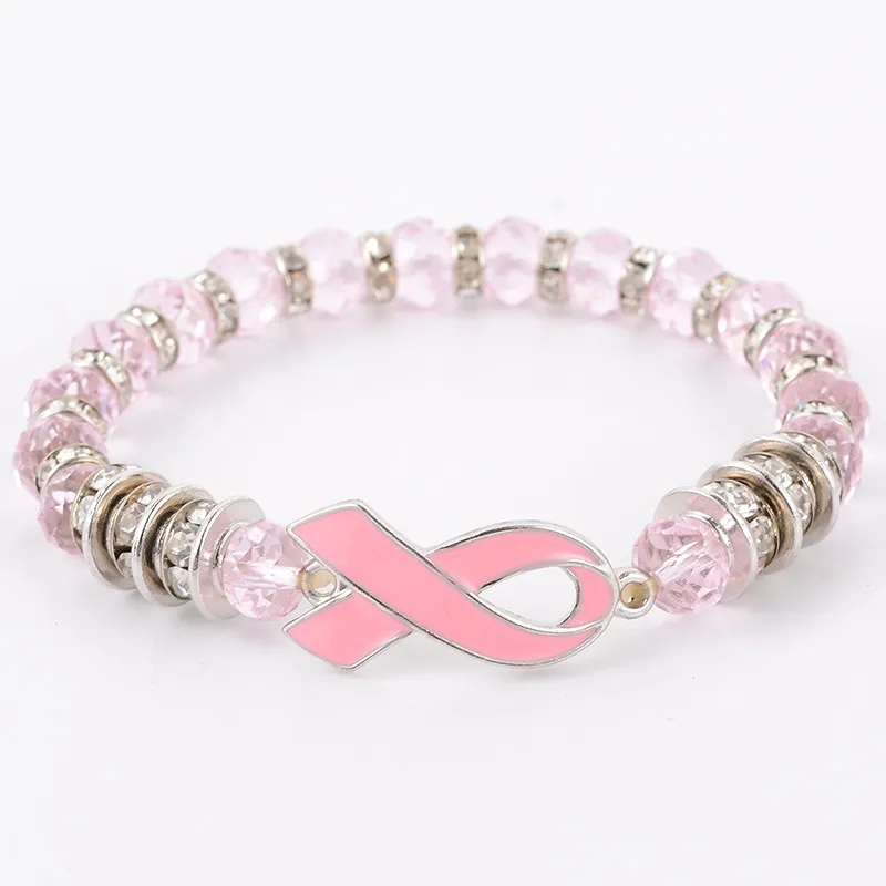 Nuovo arrivo braccialetti di consapevolezza del cancro al seno donne nastro rosa cancro al seno braccialetto perle di vetro catene gioielli fai da te moda donna