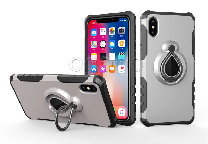 Magnetyczna obudowa ringu hybrydowa podwójna warstwa z kopnięciem na uchwycie samochodu dla iPhone'a X XR XS Max 8 7 6 Plus S8 S9 S10 Plus