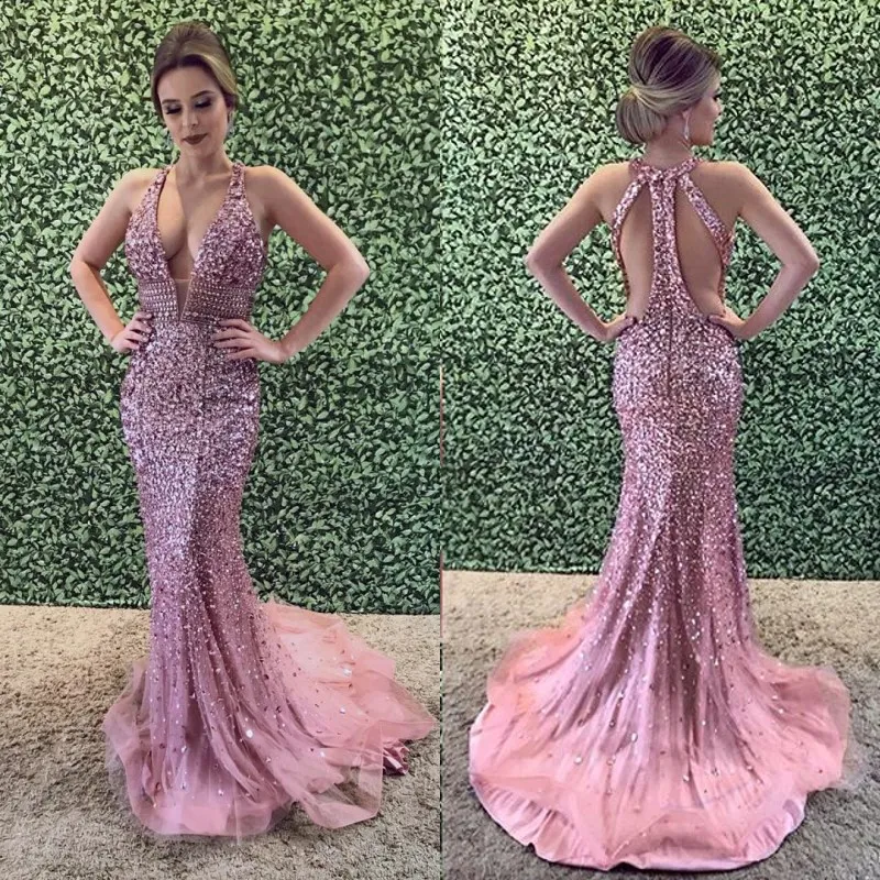 Luxrious Rhinestone Mermaid Prom Dress Diepe V-hals Pailletten Krème Crystal Cutaway Partyjurken Sexy Mode Avondjurk Dubai Jurken