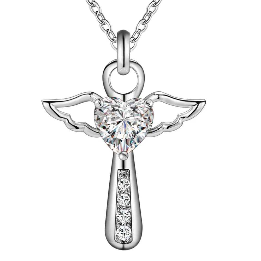 Vendita calda 925 placcato argento ali d'angelo a forma di cuore croce pendente collana con zircone moda donna gioielli partito regali di Natale