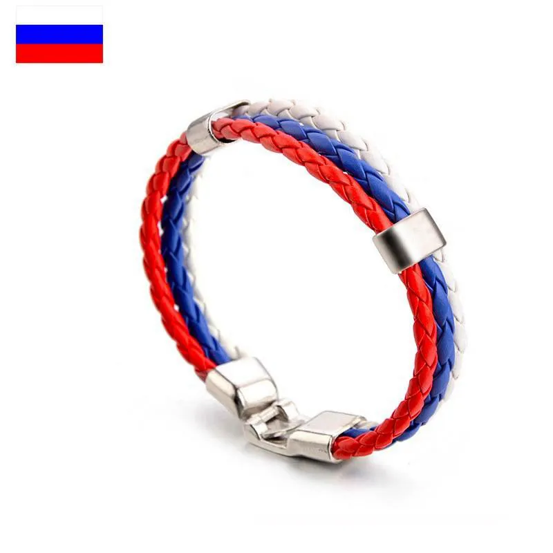 World Cup Football Soccer Team Leather Bracelet With National Flag Stripe Charms Handmade Braided Wristband Fans Gift