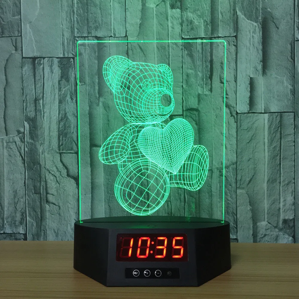 Petit ours 3D Illusion veilleuses LED 7 changement de couleur lampe de bureau horloge fonction enfant cadeau de fête des enfants jouet # R45