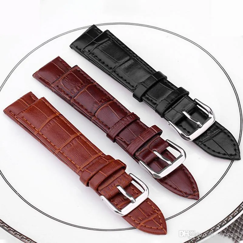 factory wholesale Unisex fashion slub embossed Watch Band Strap Push Needle Buckle Leather 3 colors black Brown Tan Steel clasp 12mm~24mm