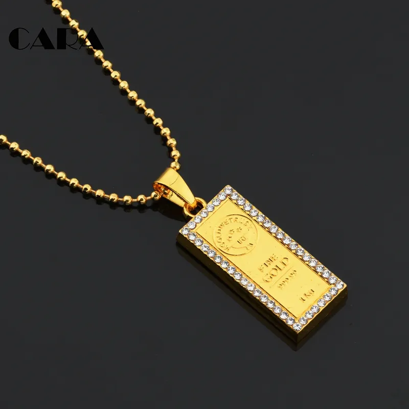 Cara 2017 New Fashion Summer Square 999 Fine Gold Color Dog Tag Necklace Rhinestones Ball Chain Halsband Present Män Kvinnor Cagf0135